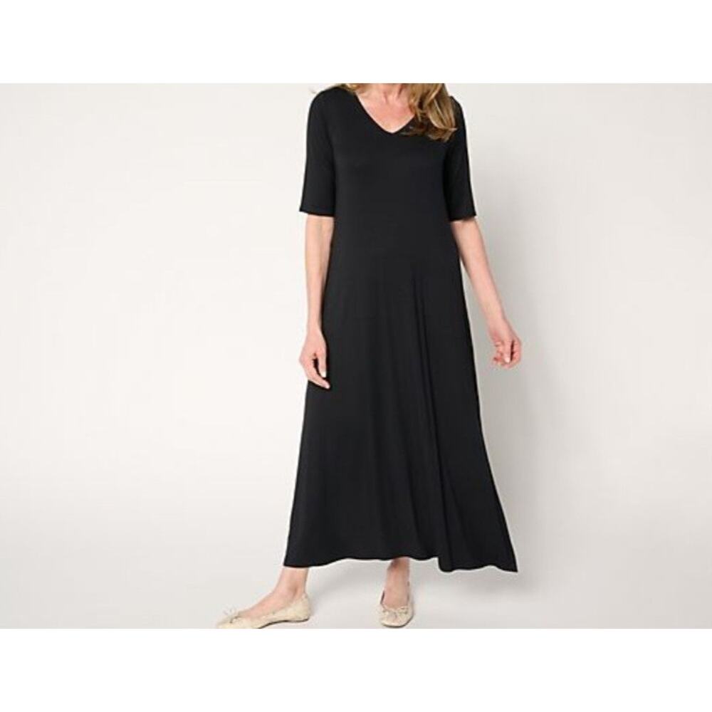 Belle Kim Gravel Large Black Rayon Spandex Elbow Sleeve Maxi Dress A683740 NWOT